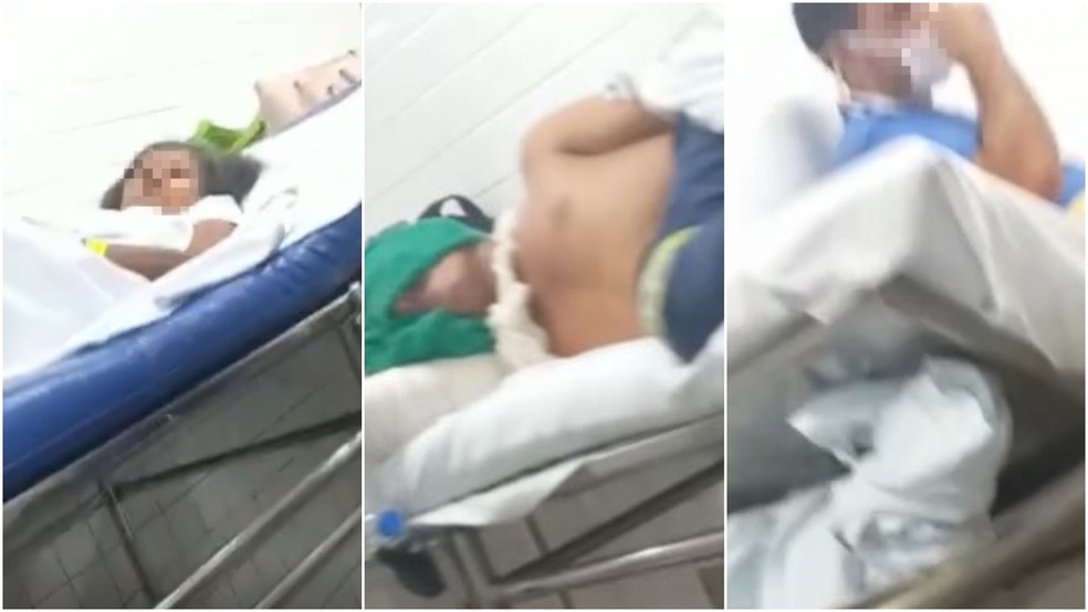 Pacientes são atendidos em macas nos corredores do hospital IJF, em Fortaleza. — Foto: Reprodução