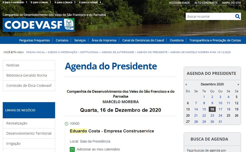 Reunião de Eduardo Costa, da empresa Construservice, consta na agenda oficial do presidente da Codevasf, Marcelo Moreira — Foto: Reprodução