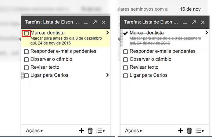 Usuário pode marcar tarefas que já terminou na lista do Gmail (Foto: Reprodução/Elson de Souza)