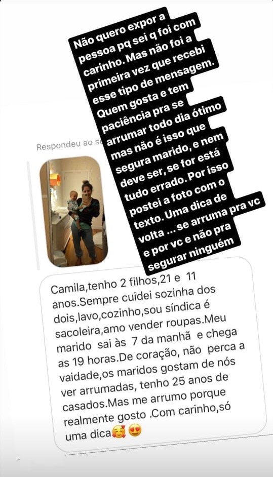 Camilla Camargo rebate mensagem de seguidora (Foto: Reprodução/Instagram)