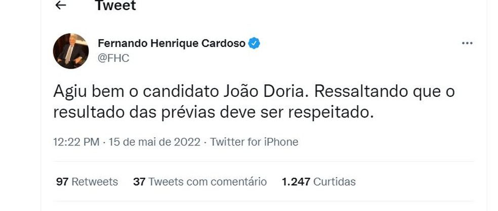 FHC sai em defesa de João Doria nas redes sociais  — Foto: Reprodução/Twitter 