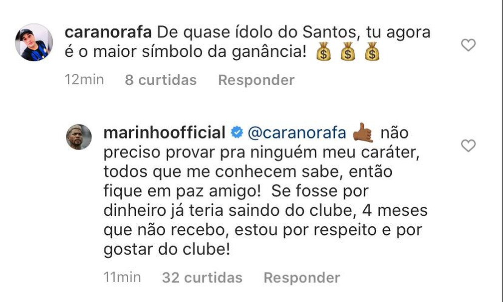 Marinho responde a torcedor do Santos no Instagram — Foto: Reprodução / Instagram