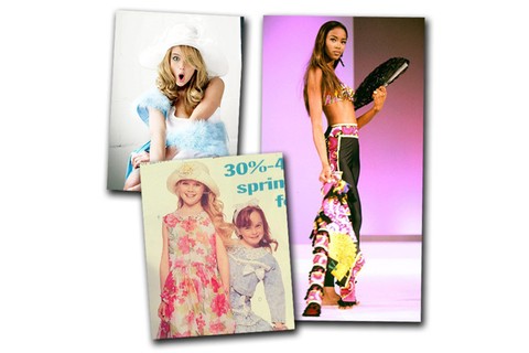Atuais ícones de estilo: Jennifer Lawrence e Kirsten Dunst (de vestido floral logo abaixo). À direita, Naomi Campbell com apenas 15 anos    