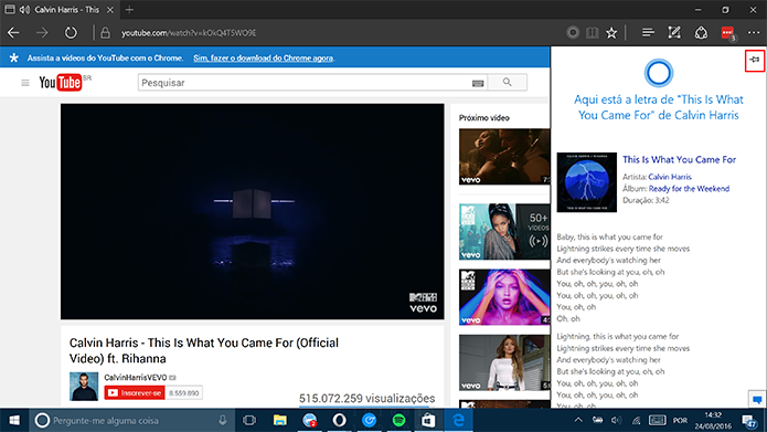 Microsoft Edge exibe painel com letras de música obtidas pela Cortana (Foto: Reprodução/Elson de Souza)