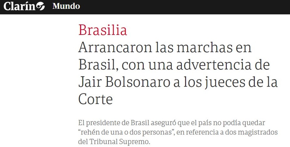 Reprodução da reportagem do 'Clarín' sobre manifestações a favor de Jair Bolsonaro no Brasil — Foto: Reprodução/Clarín