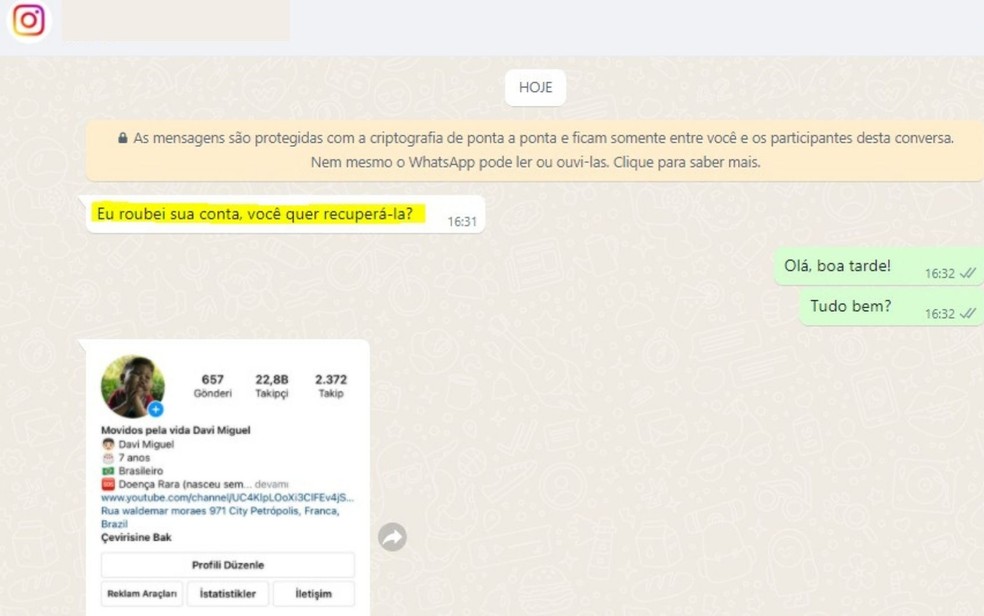 Suspeito de hackear perfil do menino Davi Miguel entra em contato com a família, natural de Franca (SP) — Foto: Reprodução/Whatsapp