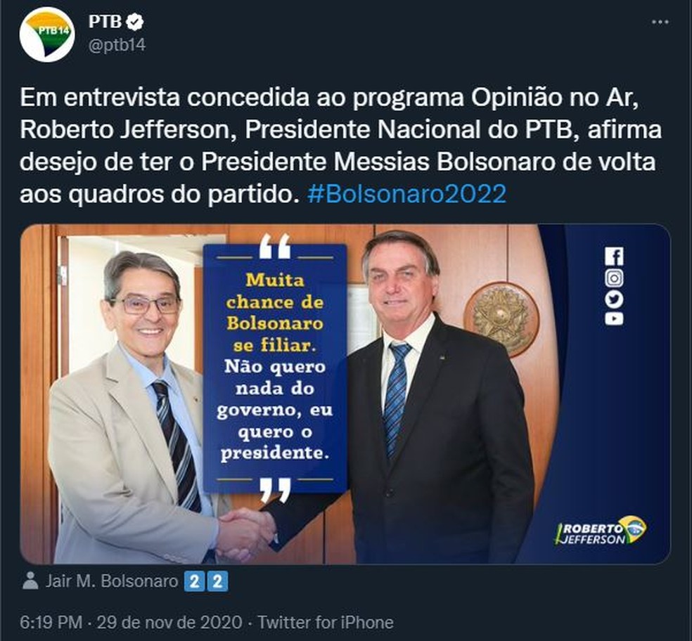 Roberto Jefferson e Jair Bolsonaro em foto postada no Twitter em 2020 — Foto: Reprodução/Twitter