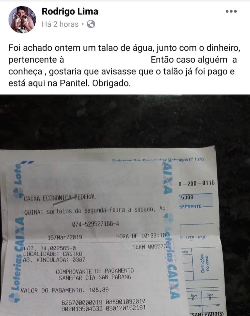Homem fez post em rede social para tentar encontrar dona do boleto â Foto: ReproduÃ§Ã£o/Facebook