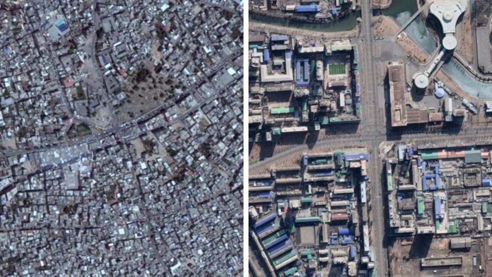 À esquerda, imagem do Google Earth de Gaza; à direita, imagem de Pyongyang, na Coreia do Norte — Foto: Google Earth via BBC