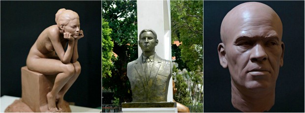 À esquerda a escultura 'Reflecting', no Centro o busto encomendado em Baturité e, à direita, o retrato pai de Assis Filho. A escultura 'My dad' foi feita especialmente para o concurso. (Foto: Assis Filho / Arquivo Pessoal)