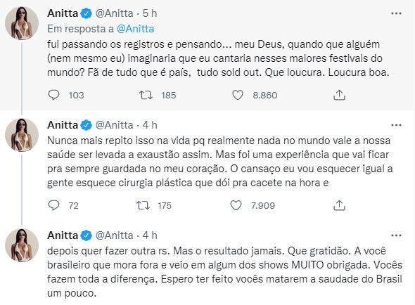 Anitta fala de exaustão em turnê na Europa (Foto: Reprodução / Twitter)