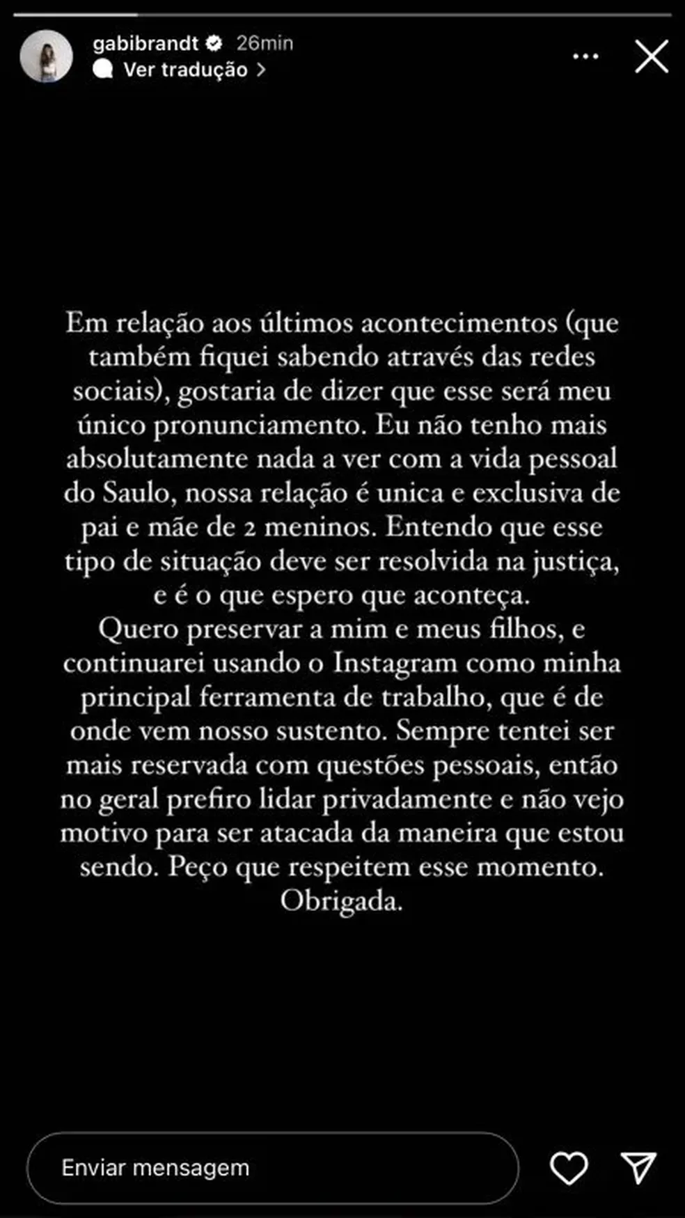 Gabi se pronunciou sobre a acusação de agressão e estupro envolvendo Saulo Poncio — Foto: Reprodução/ Instagram 