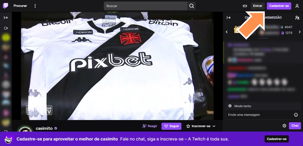 'Onde assistir ao jogo do Vasco online?' Para conversar com outros espectadores no chat, faça login ou cadastro na Twitch — Foto: Reprodução/Róbson Martins