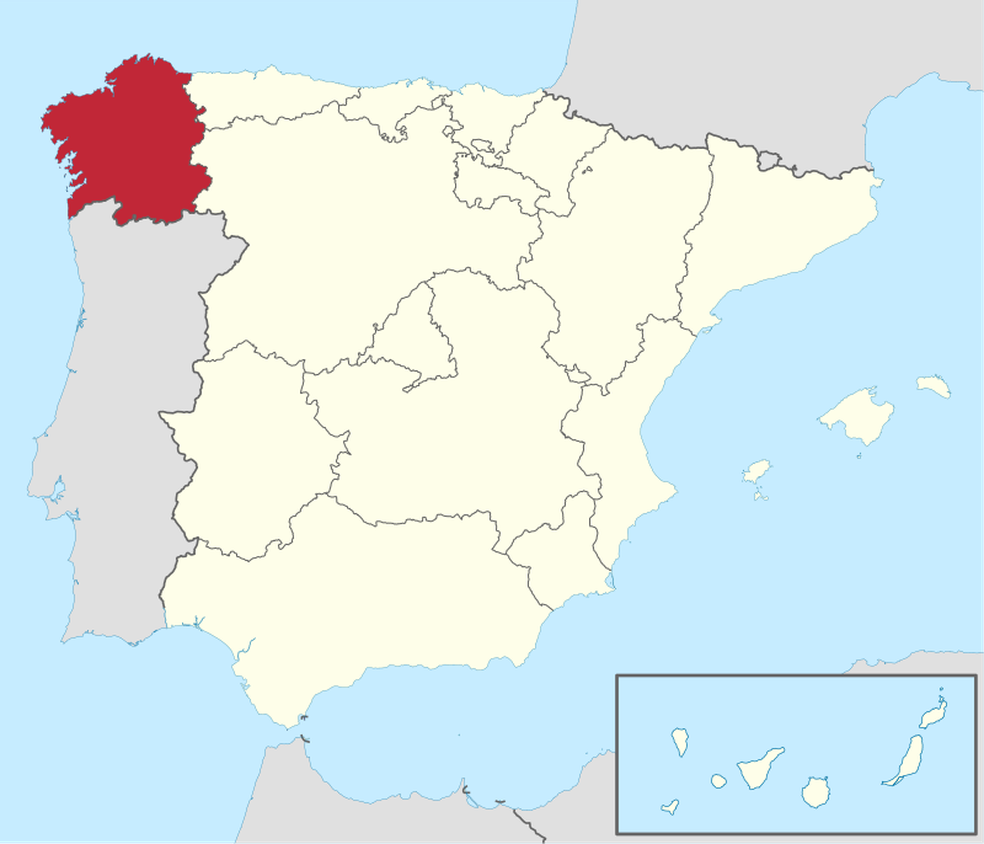 Região da Galícia, na Espanha, marcada em vermelho no mapa — Foto: Reprodução/Tubs/Wikimedia