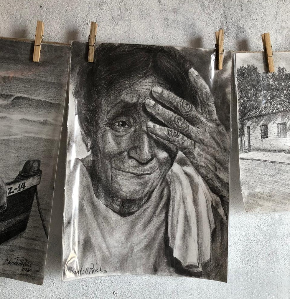 Pinturas com carvão criadas pelo artista plástico maranhense, Uendell Rocha — Foto: Paulo Pontes