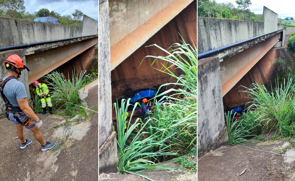 Homem morre após carro cair de viaduto em rodovia de Pederneiras — Foto: Corpo de Bombeiros/Divulgação