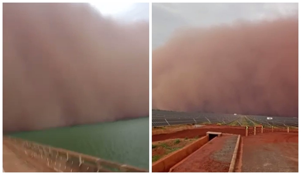 Nuvem gigante de areia também foi filmada por outro ângulo em Pereira Barreto  — Foto: Arquivo pessoal 