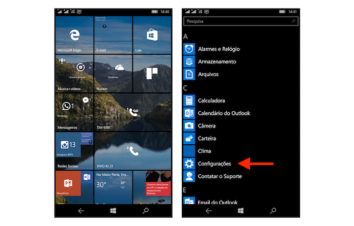 Acessando as configurações do Windows 10 Mobile para alterar as opções de localização (Foto: Reprodução/Marvin Costa)
