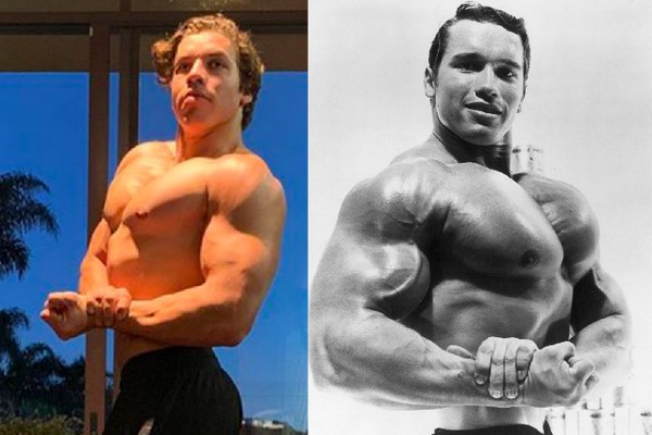 O filho de Arnold Schwarzenegger, Joseph Baena, reproduzindo a foto clássica do pai tirada em 1967 (Foto: Instagram/Getty Images)