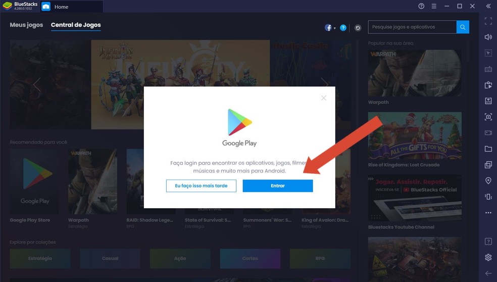 É necessário ter uma conta do Google para baixar Coin Master no BlueStacks — Foto: Reprodução/Soraia Barbosa