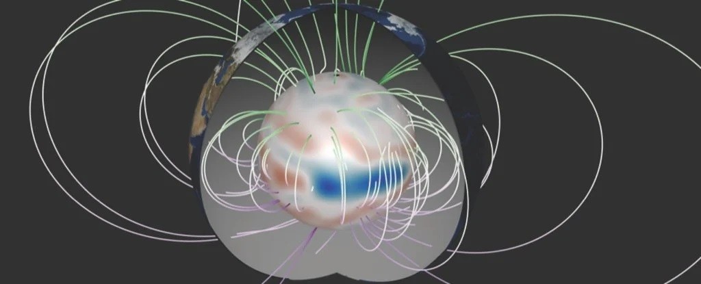 Fluxo ondulatório na superfície do núcleo externo da Terra e linhas de campo magnético  (Foto: Félix Gerick)