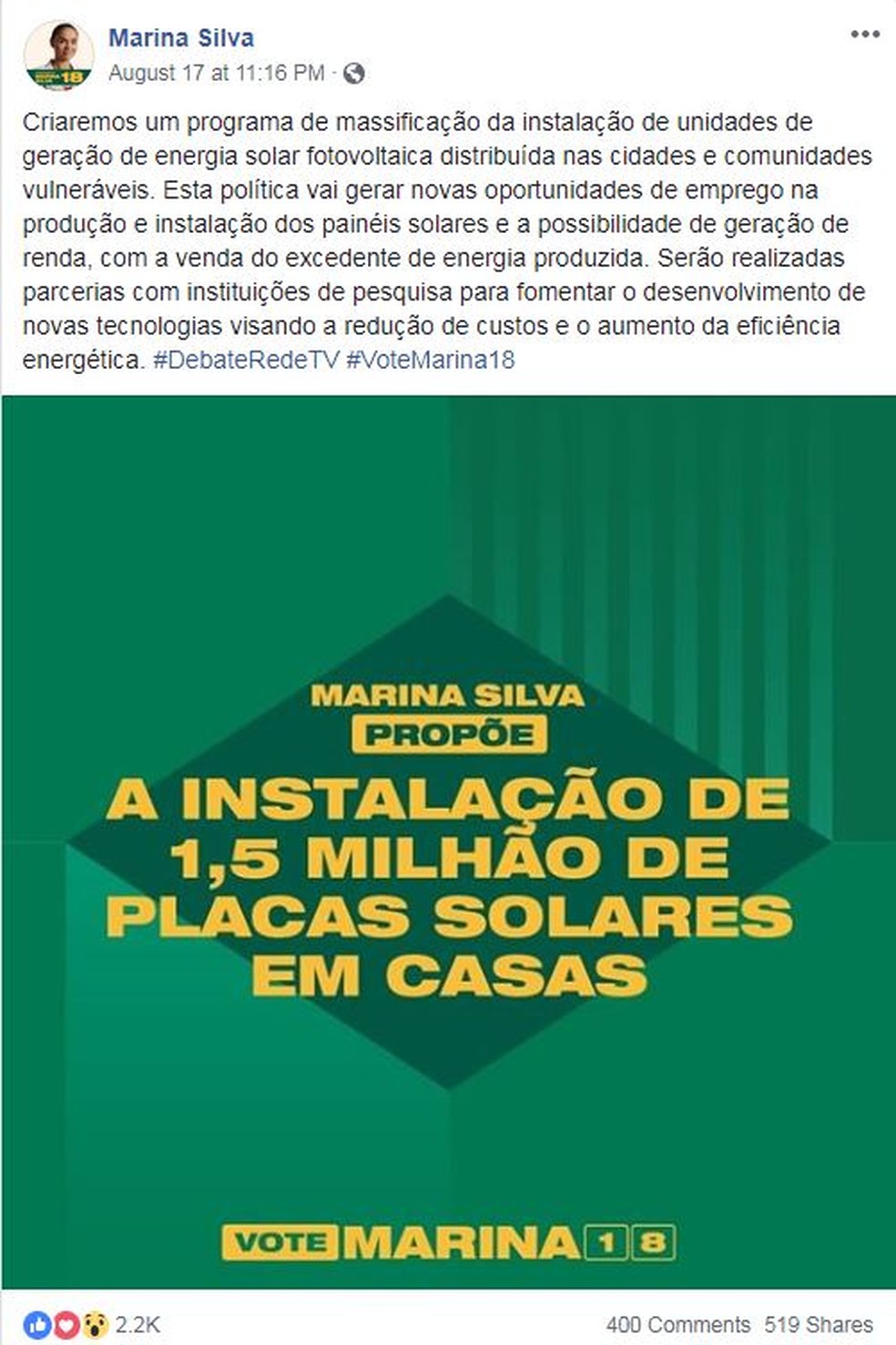 Marina Silva anuncia proposta pelas redes sociais (Foto: Reprodução/Facebook)