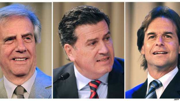  Disputam a Presidência Tabaré Vázquez, da base governista Frente Ampla, Pedro Bordaberry, do Partido Colorado, Luis Lacalle Pou, do Partido Nacional  (Foto: AFP)