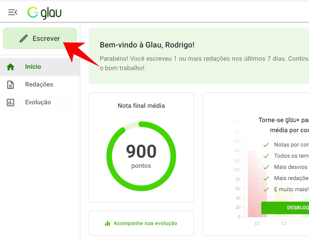 Botão "Escrever" permite submeter texto para Glau avaliar — Foto: Reprodução/Rodrigo Fernandes