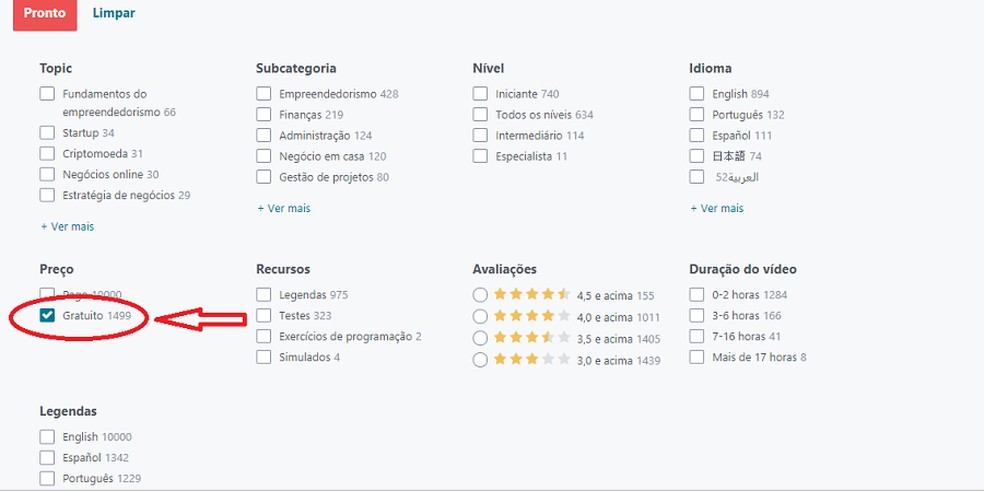 A ferramenta de filtro da Udemy permite a busca por cursos gratuitos — Foto: Reprodução/Barbara Ablas