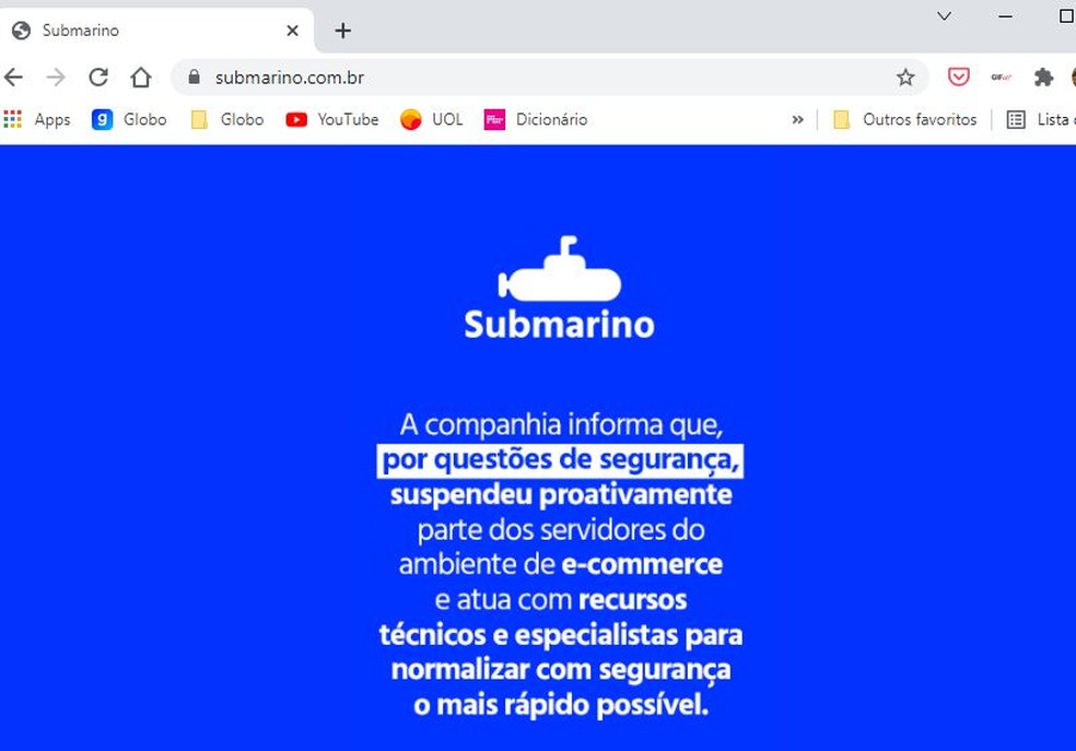 Página do Submarino com aviso de que o site está fora do ar por 