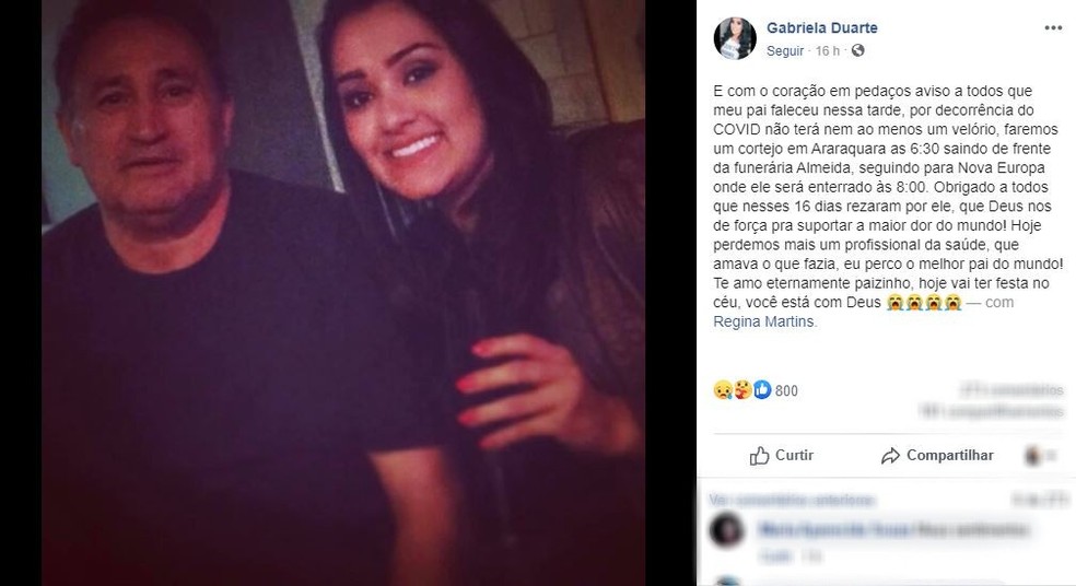 Filha do técnico de enfermagem que morreu vítima de Covid-19 em Araraquara publica texto sobre a morte do pai — Foto: Redes Sociais