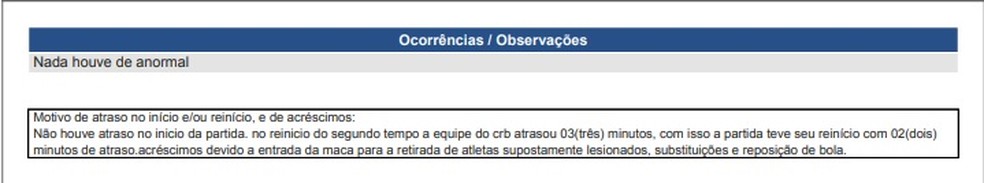 Árbitro relata na súmula atraso do CRB na partida contra o Cruzeiro — Foto: Reprodução/CBF
