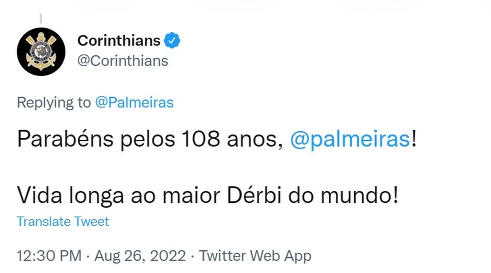 Corinthians parabeniza o Palmeiras em rede social — Foto: Reprodução
