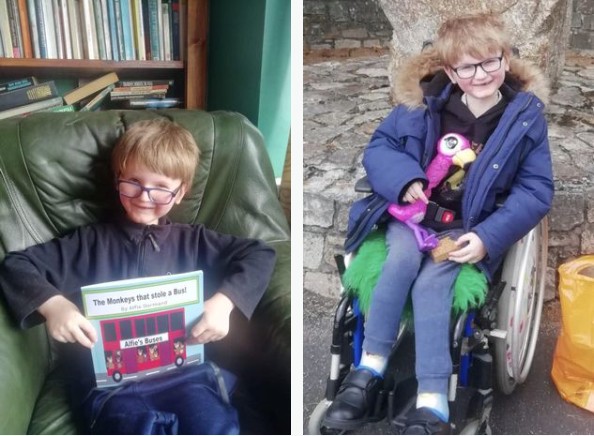 Alfie escreveu e ilustrou um livro sozinho para conseguir arrecadar dinheiro e comprar uma nova cadeira de rodas (Foto: Reprodução/Mirror)