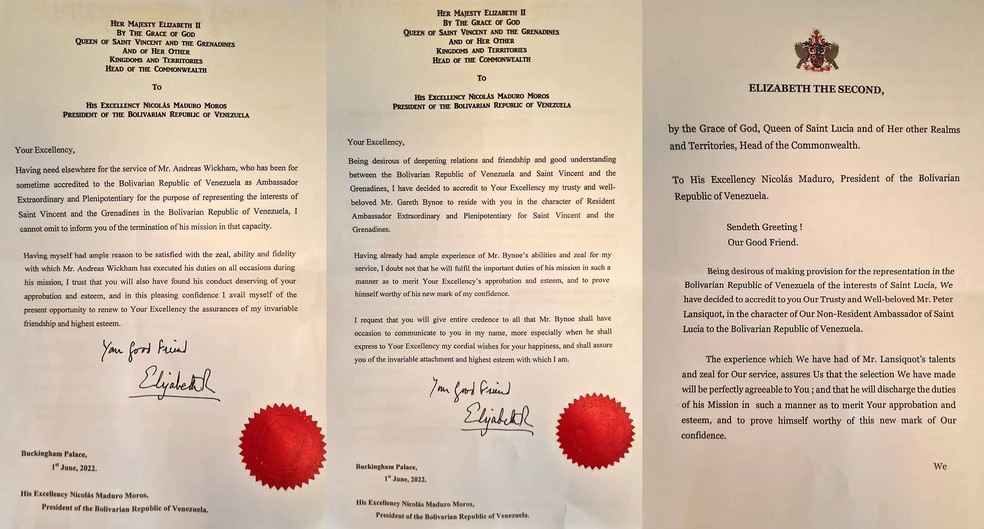 Governo da Venezuela apresenta tr&ecirc;s cartas assinadas pela Rainha Elizabeth II num esfor&ccedil;o para ter acesso a US$ 1 bilh&atilde;o em ouro do pa&iacute;s no Banco da Inglaterra &mdash; Foto: Bloomberg News