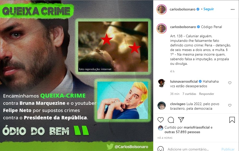 O post do vereador Carlos Bolsonaro (Foto: Reprodução Instagram)