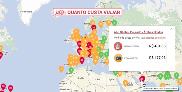 O site mostra o valor médio diário de cada local (Foto: reprodução/Daniela Ferrari)