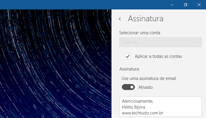 Personalizando a assinatura do app de e-mail do Windows 10 (Foto: Reprodução/Helito Bijora) 
