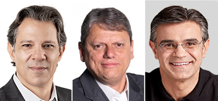 As fotos dos candidatos ao governo de São Paulo na urna: Fernando Haddad, Tarcísio Freitas e Rodrigo Garcia