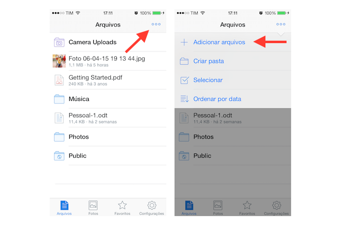 Acessando a ferramenta de upload de arquivos do Dropbox no iPhone (Foto: Reprodução/Marvin Costa)