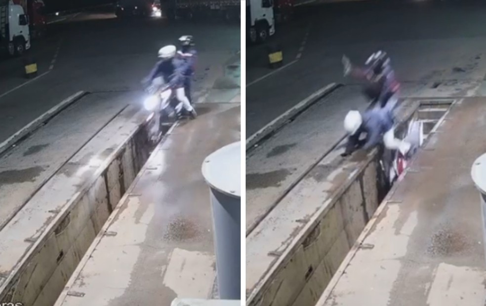 Câmera de segurança flagra bandidos caindo em buraco após tentarem fugir de posto em Alambari (SP) — Foto: Circuito de segurança/Reprodução