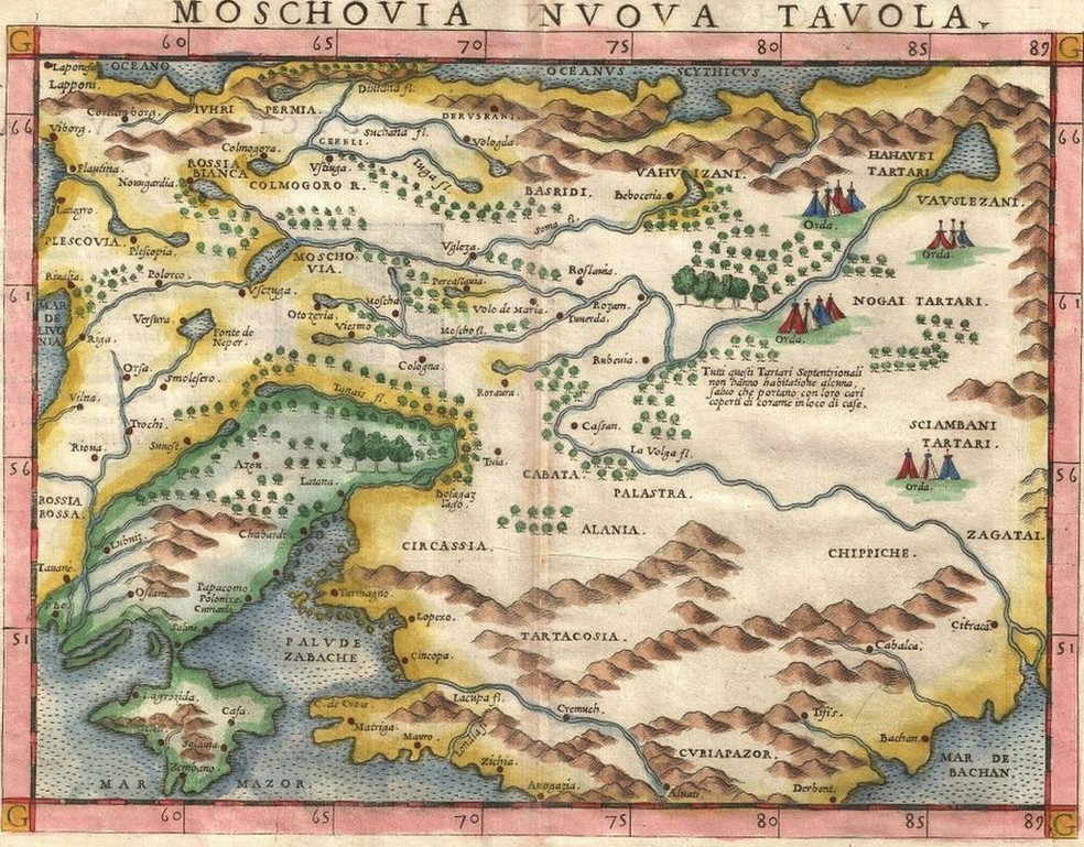Mapa de Girolamo Ruscelli mostra Rússia e Ucrânia em 1574 — Foto: GETTY IMAGES via BBC