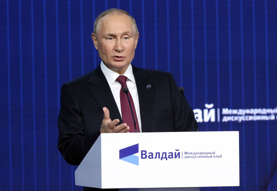 Presidente russo, Vladimir Putin, durante discurso na reunião anual do Clube de Discussões Valdai