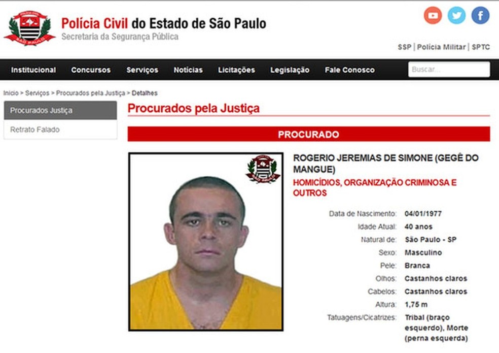 Gegê do Mangue é um dos mais procurados no site da Polícia Civil de São Paulo (Foto: Reprodução/Polícia Civil de São Paulo)