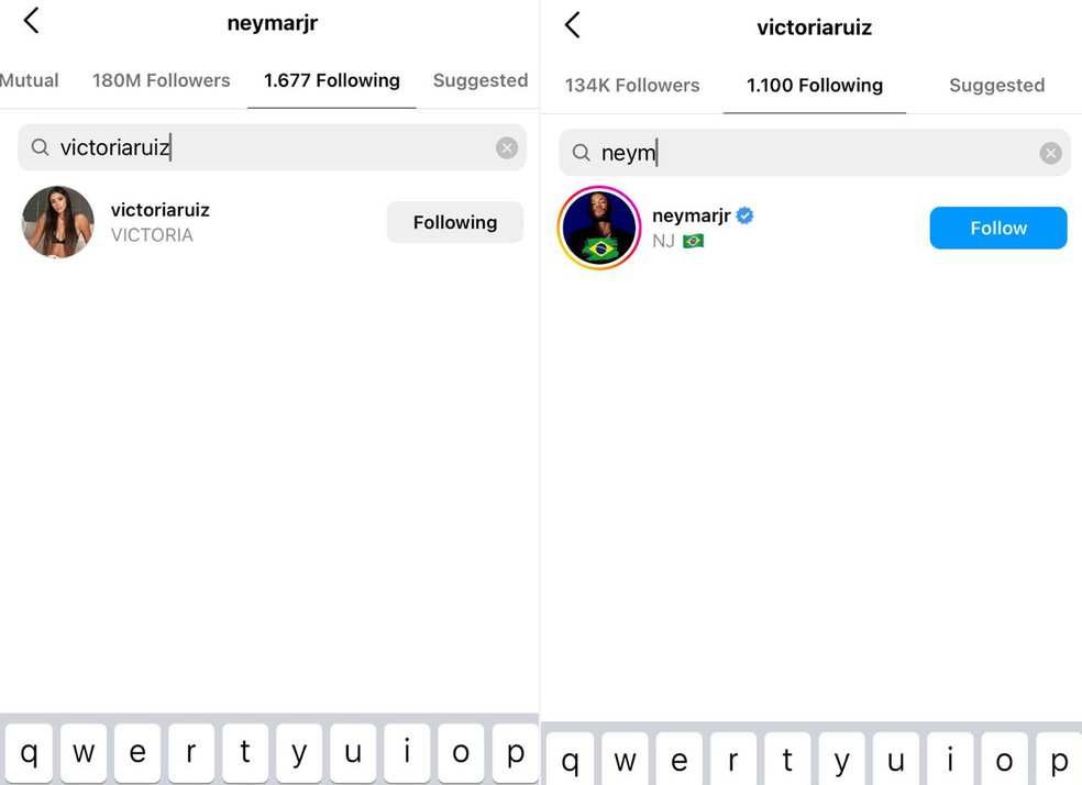 Victoria Ruiz e Neymar passam a seguir um ao outro no Instagram — Foto: Reprodução Instagram
