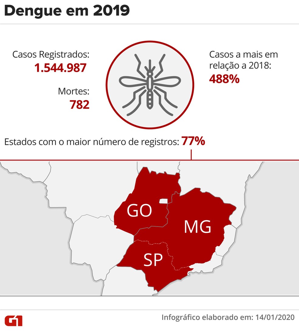 Infográfico mostra os casos registrados de dengue e estados com maior número de registros — Foto: Fernanda Garrafiel/G1
