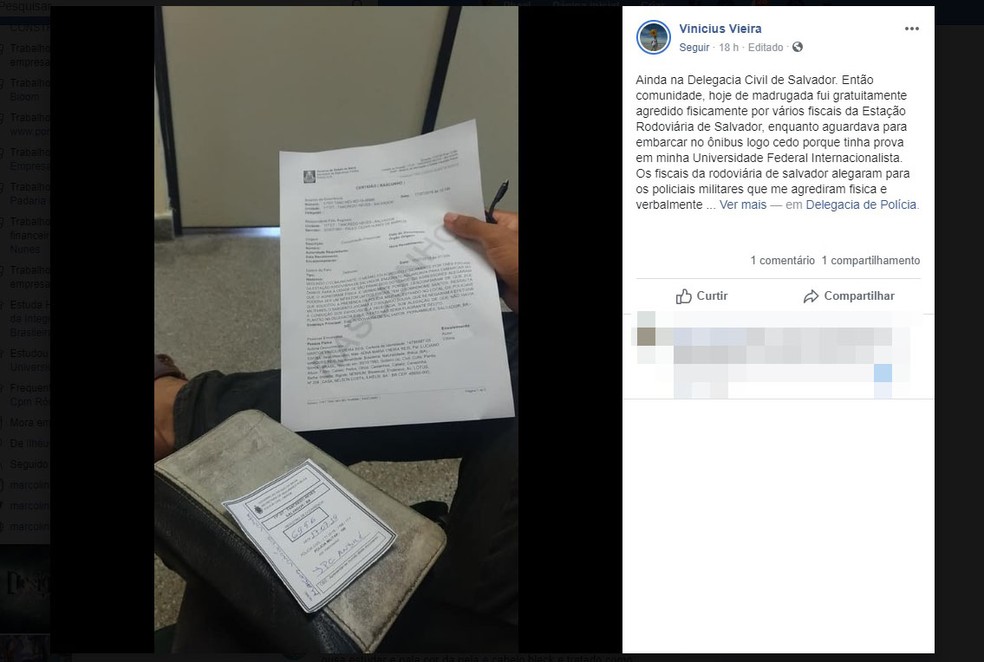 Jovem divulgou agressões através das redes sociais. Agressões ocorreram no Terminal Rodoviário de Salvador.  — Foto: Divulgação / Redes Sociais 