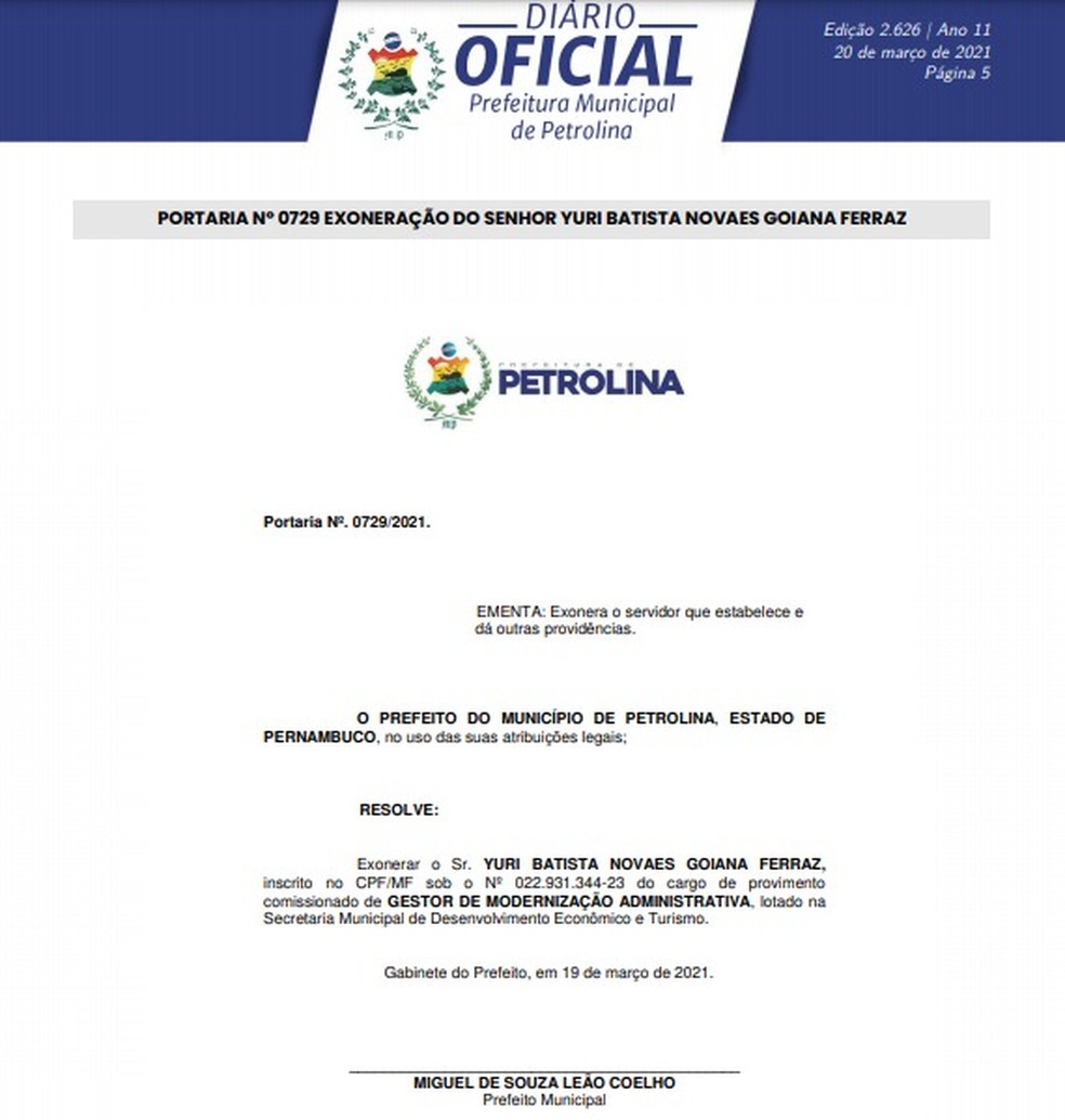 A gestão publicou neste sábado (20) a exoneração de Yuri Batista Novaes no Diário Oficial do município.  — Foto: Diário Oficial de Petrolina