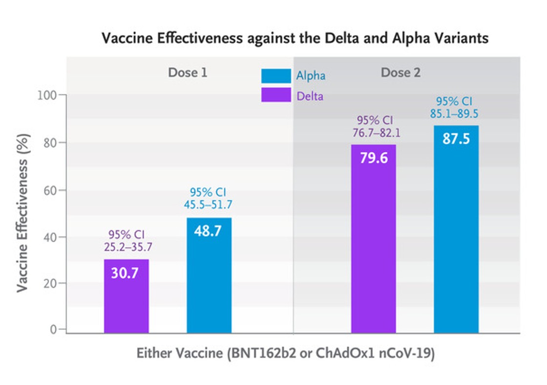 Em estudo, eficácia da 1ª dose cai cerca de 15% diante da variante delta (Foto: Reprodução/The New England Journal of Medicine)