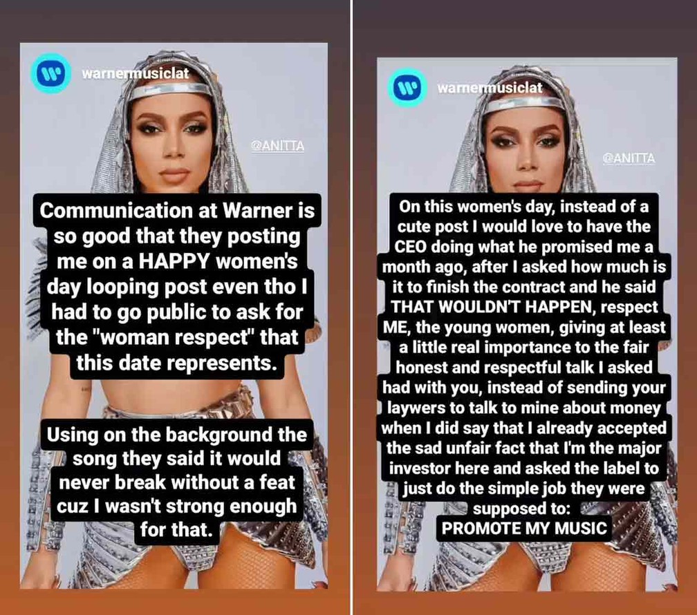 Anitta faz críticas à gravadora no Instagram — Foto: Reprodução/Instagram